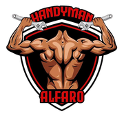 Muscular handyman logo lifting crossed wrenches above a shield, with red text “HANDYMAN ALFARO”