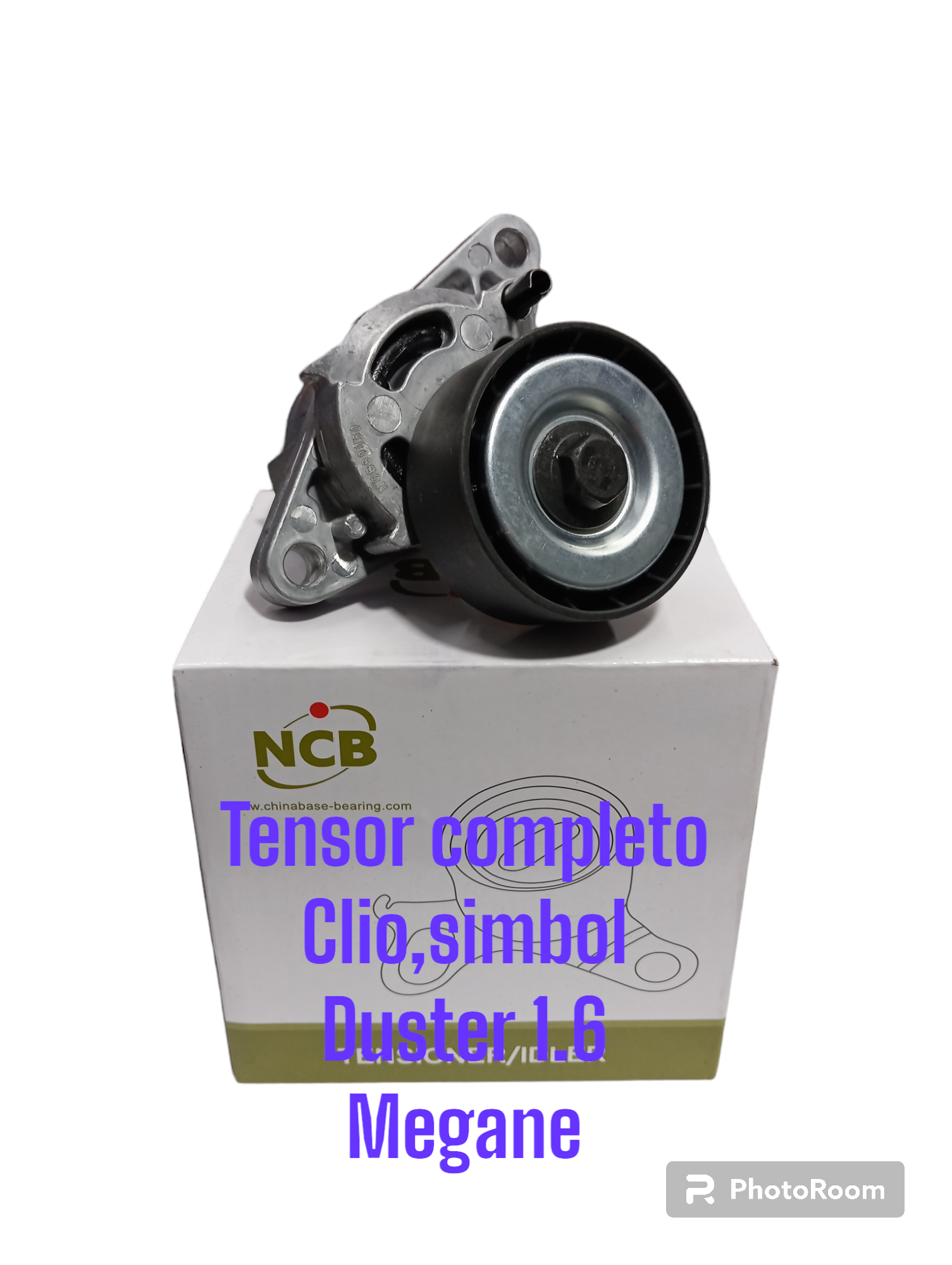 Conjunto de tensor automático en una caja NCB, etiquetada como “Tensor completo Clio/Symbol Duster 1.6 Megane”.