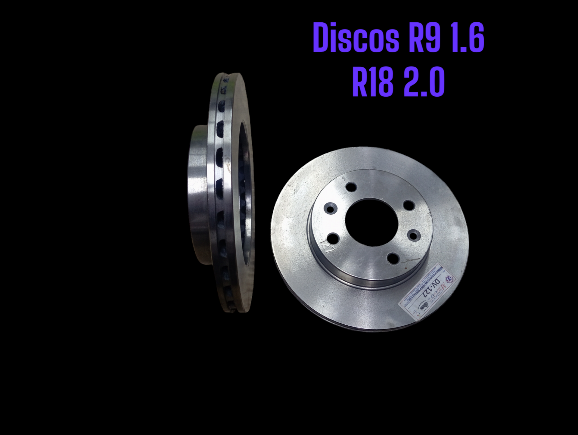 Discos de freno plateados con texto morado sobre fondo negro, etiquetados como “Discos R9 1.6” y “R18 2.0”.