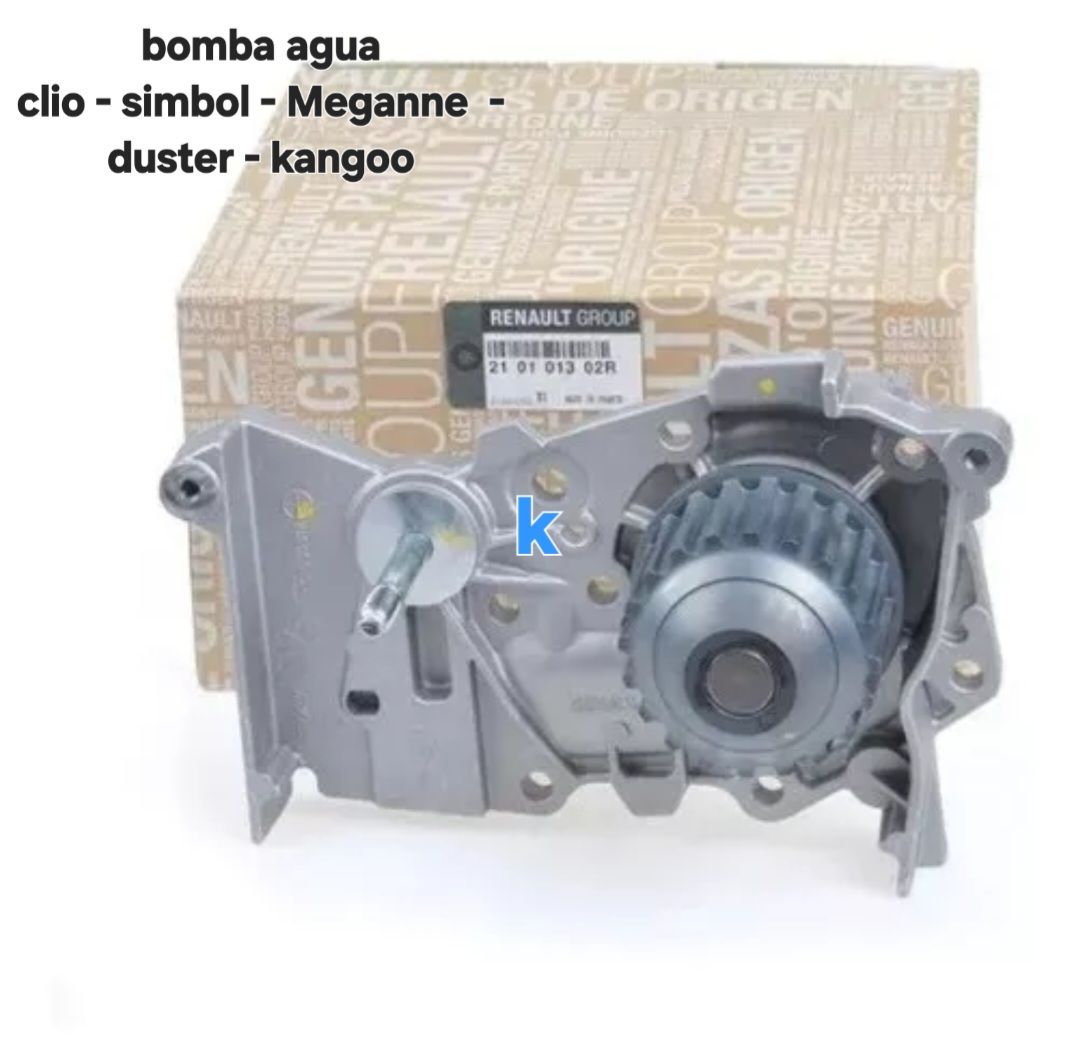 Pieza de motor Renault en caja, etiquetada para Clio, Symbol, Megane, Duster y Kangoo.