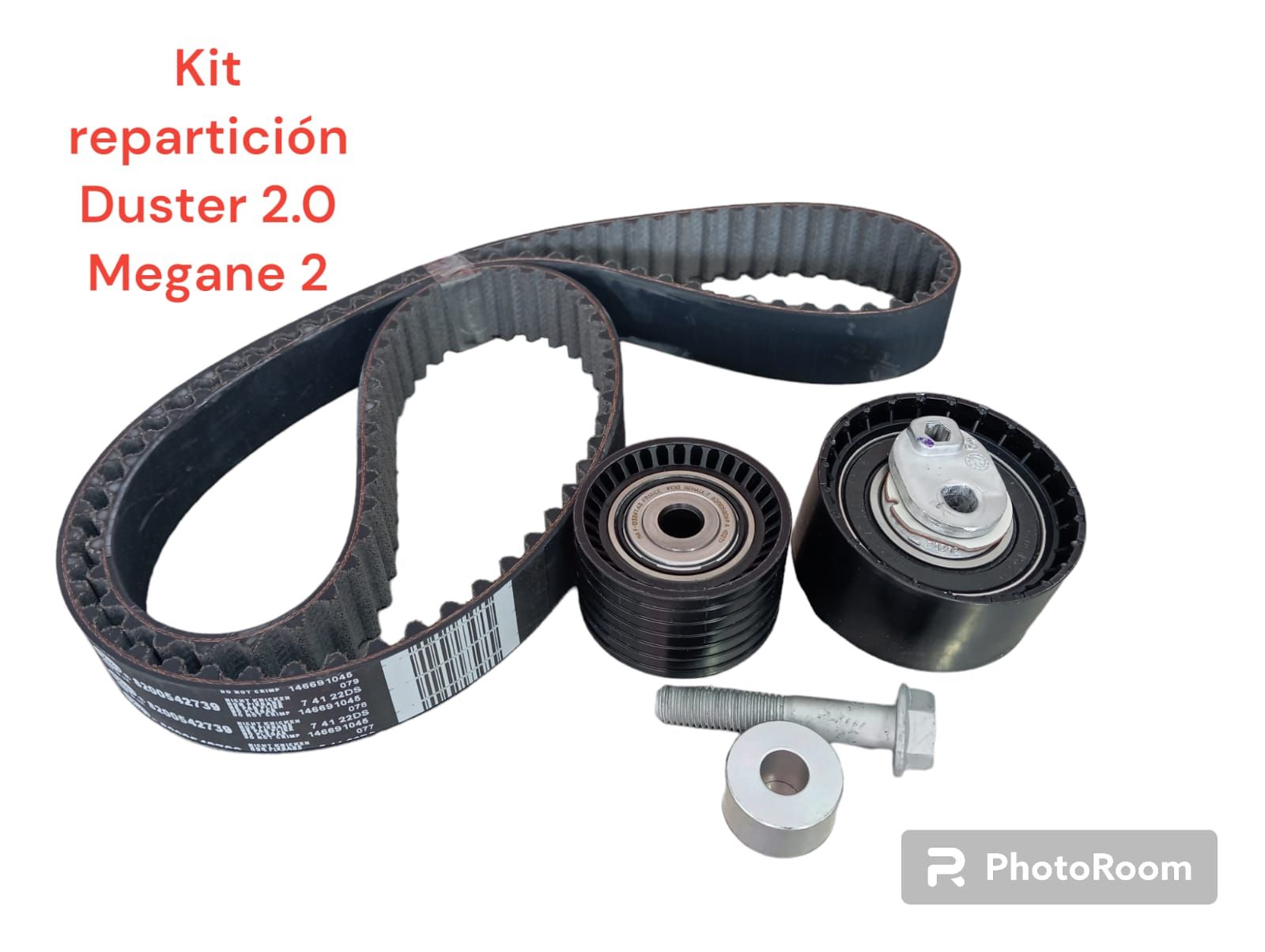 Kit de distribución para Duster 2.0 y Megane 2, incluye correa, poleas y perno.