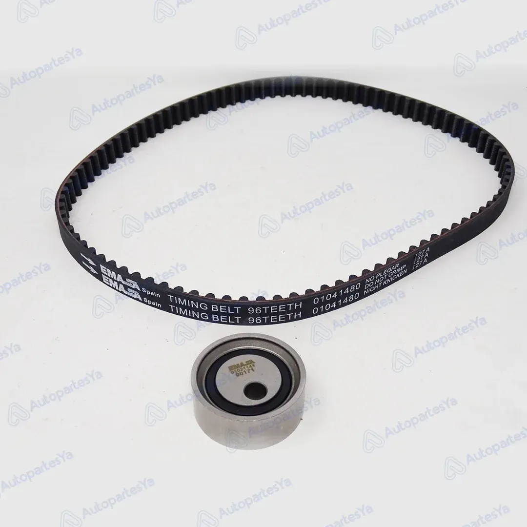 Kit de correa de distribución para Renault Logan/Symbol 8v, con correa y tensor. La caja está al fondo.