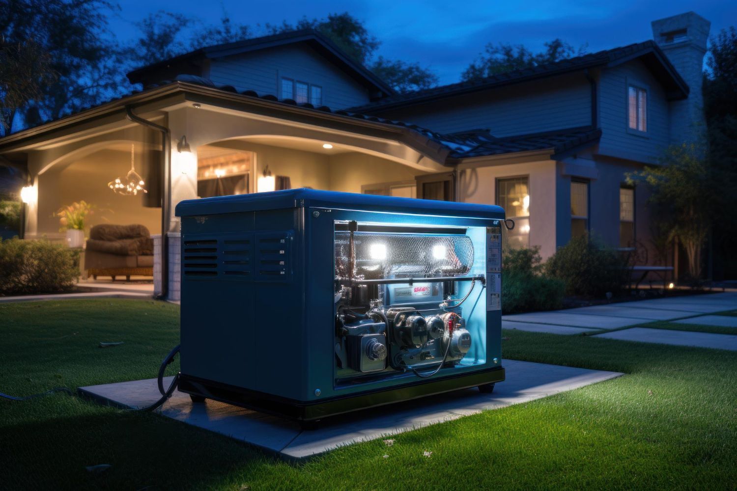 A generator is sitting in front of a house at night.