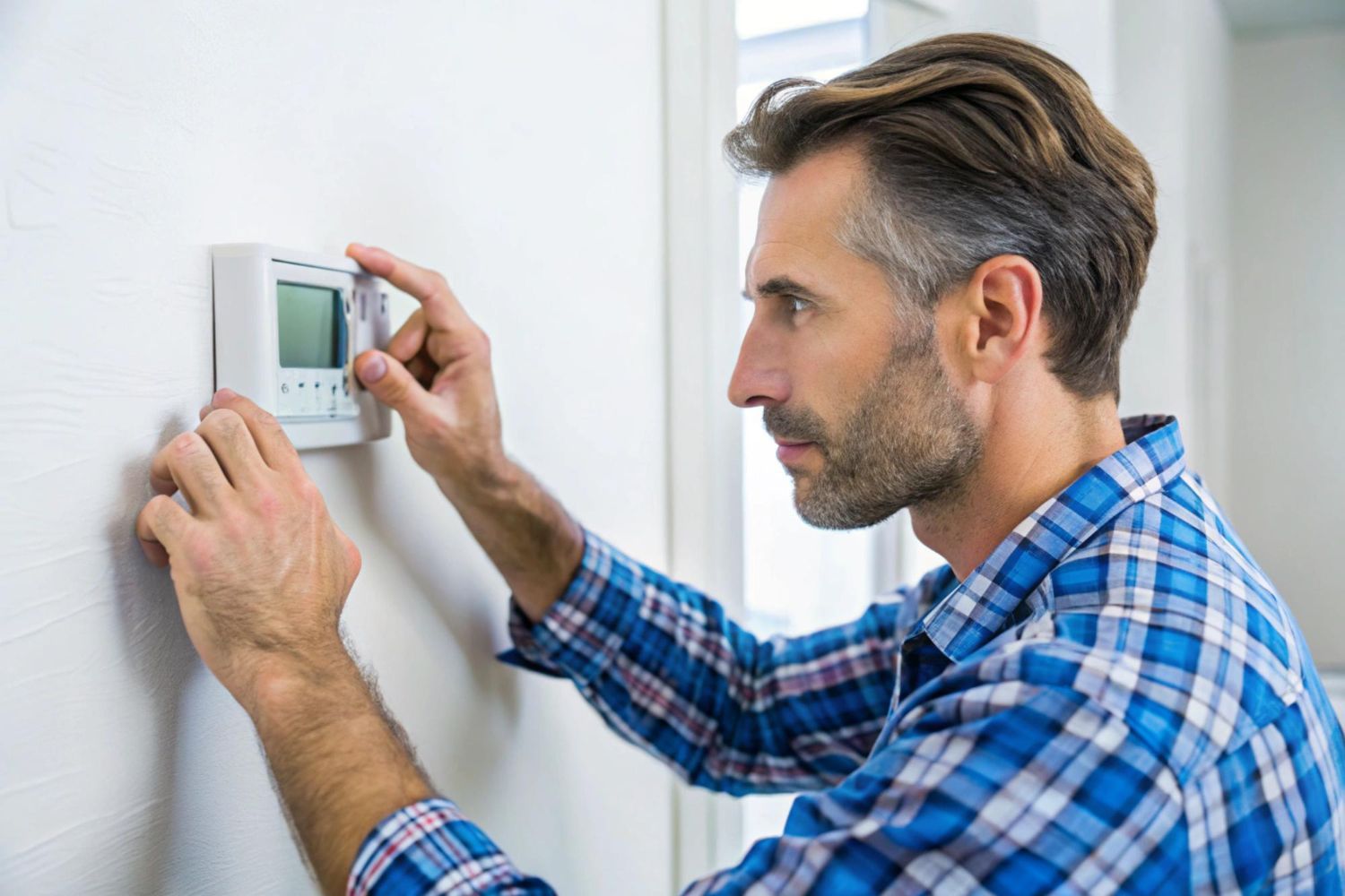 A man is installing a thermostat on a wall.