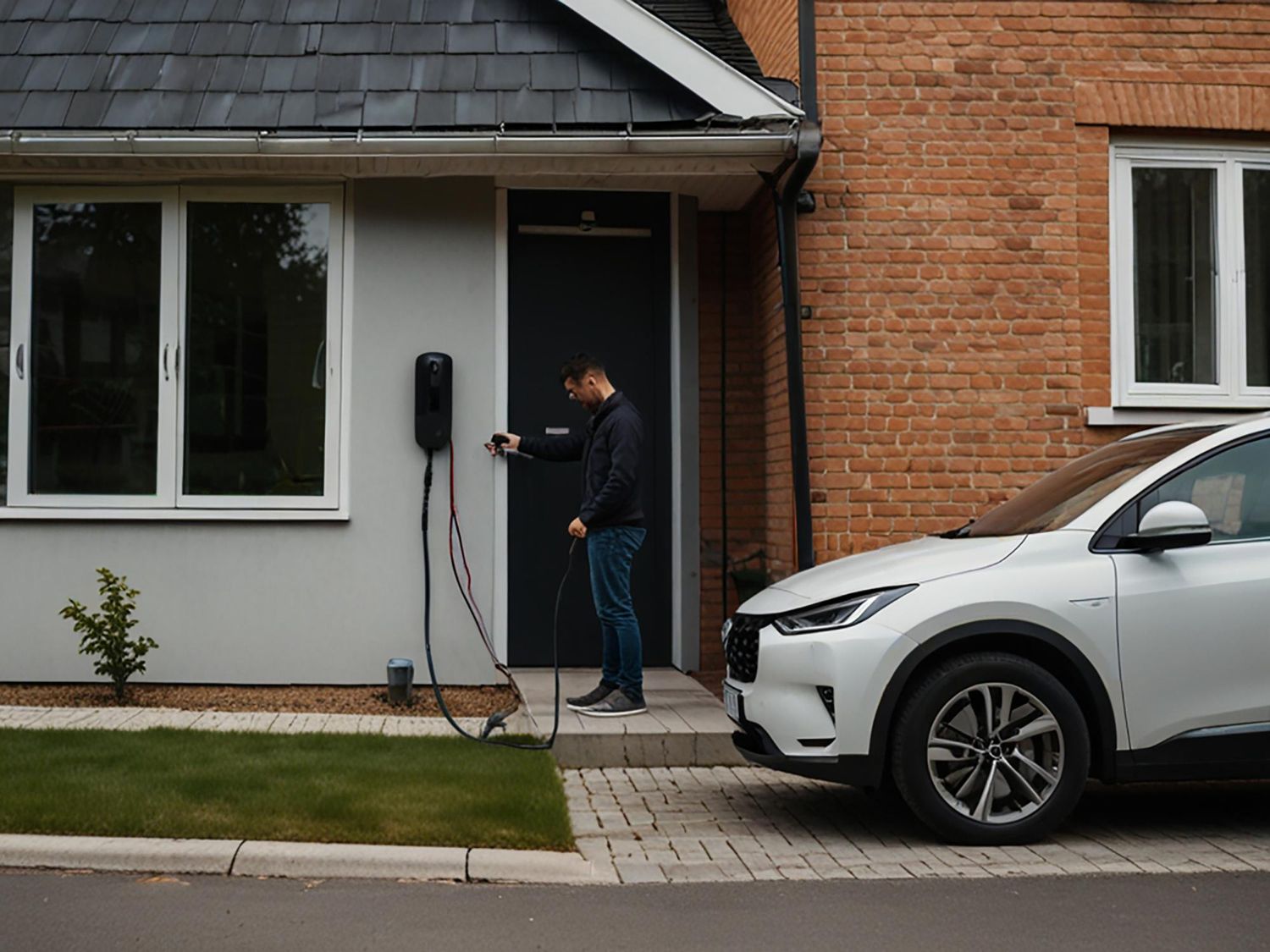 A man is charging his electric car in front of a house.