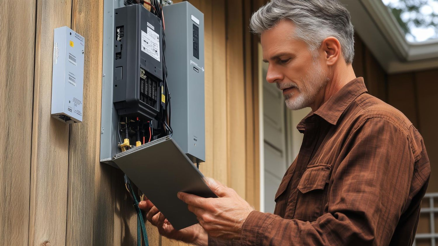 A man is looking at an electrical box on the side of a house.