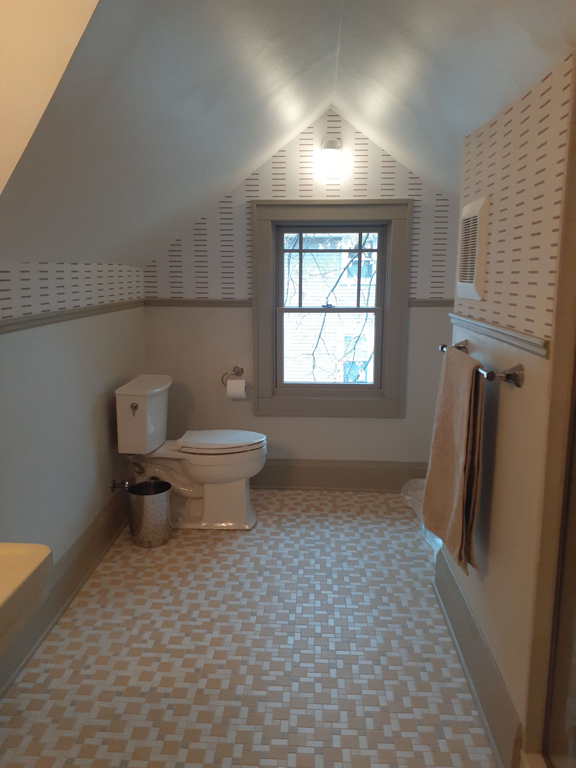 A bathroom with a toilet and a window