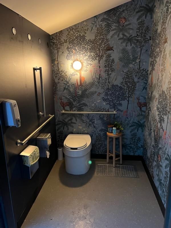 a bathroom with a floral wallpaper and a toilet