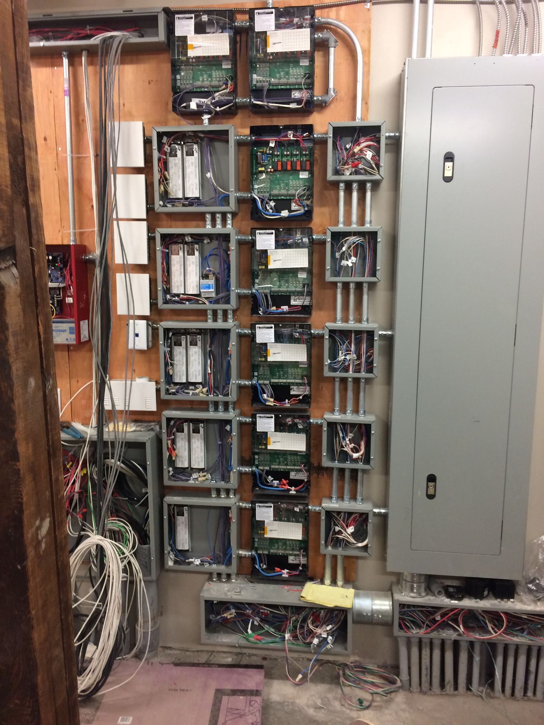 A room with a lot of electrical boxes on the wall.