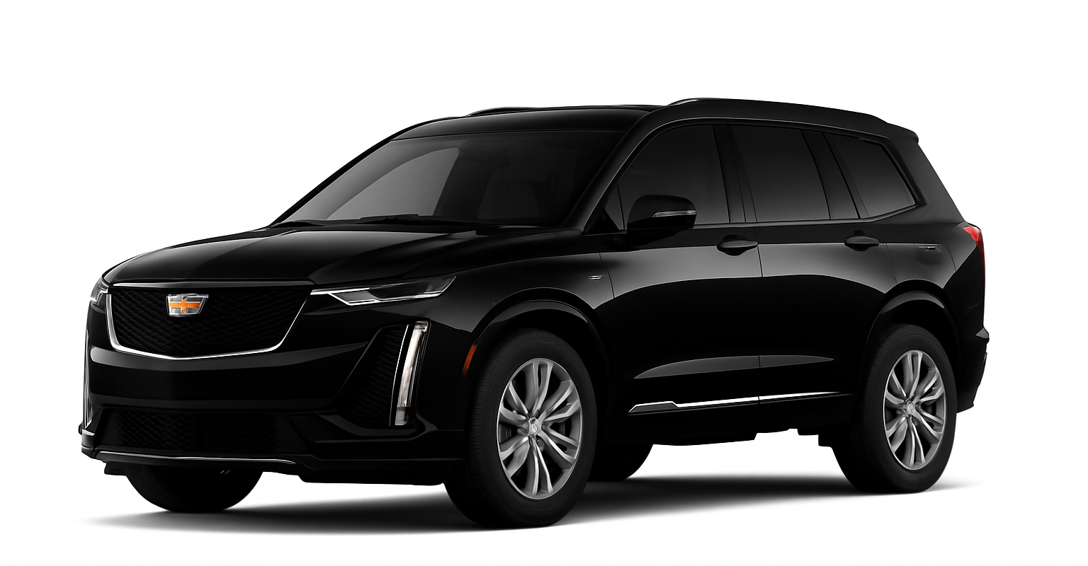 A black cadillac xt6 is shown on a white background.