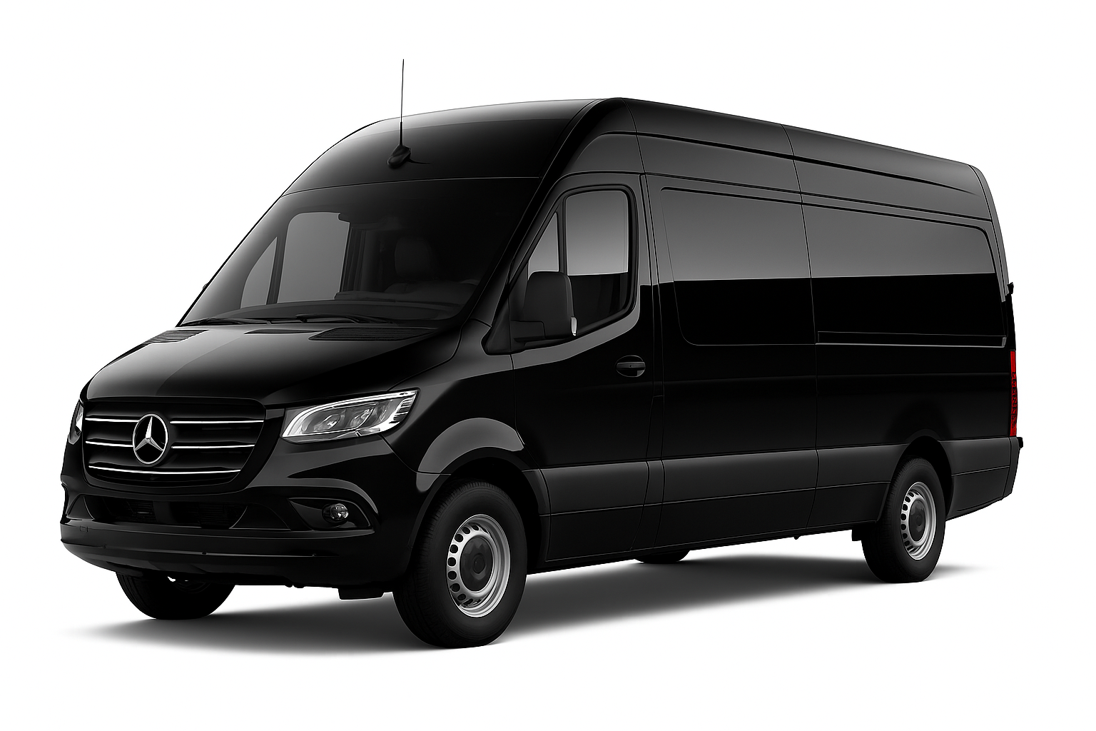 A black mercedes sprinter van is shown on a white background.