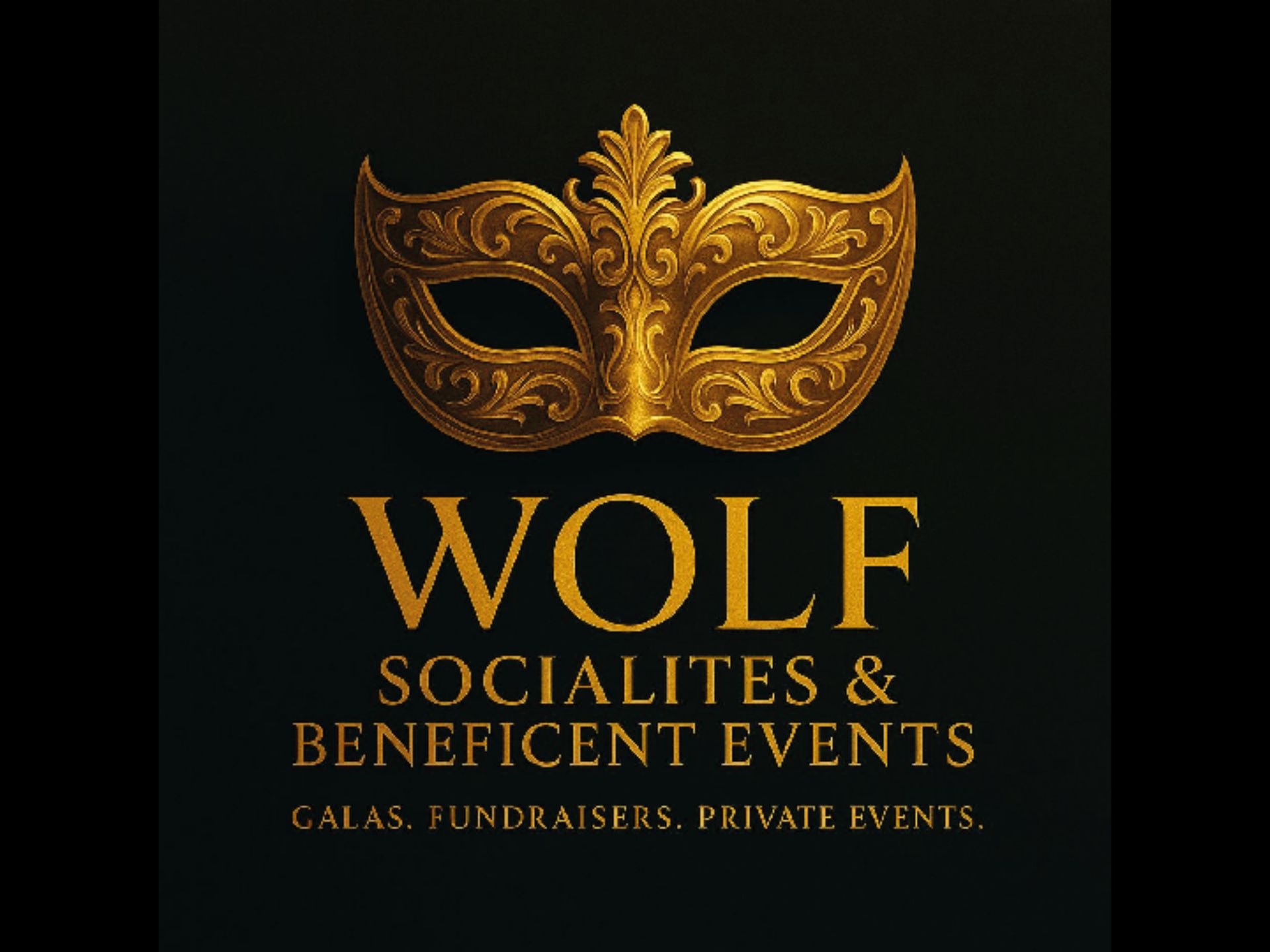 A wolf socialites and benefit events logo with a gold mask on a black background