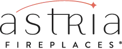 Astria Fireplaces logo with an arched line and a diamond shape. "Astria" over "Fireplaces".