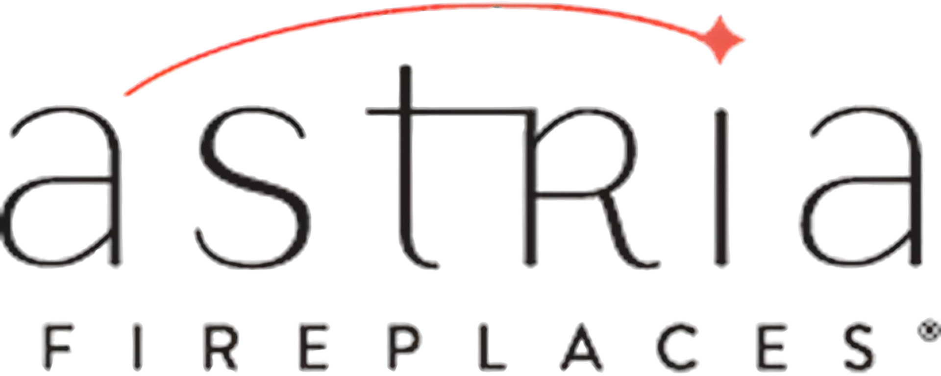 Astria Fireplaces logo: black text with red arc and diamond, on white.
