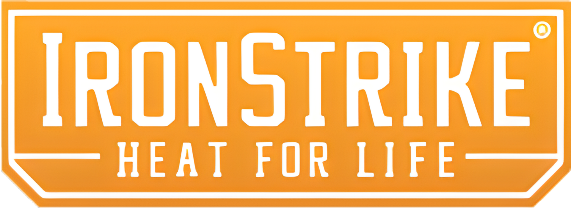 Logo for Ironstrike, "HEAT FOR LIFE" in white text on an orange background, in a rectangular badge.