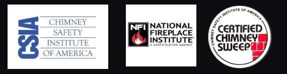Logos for chimney safety: CSIA, National Fireplace Institute, Certified Chimney Sweep.