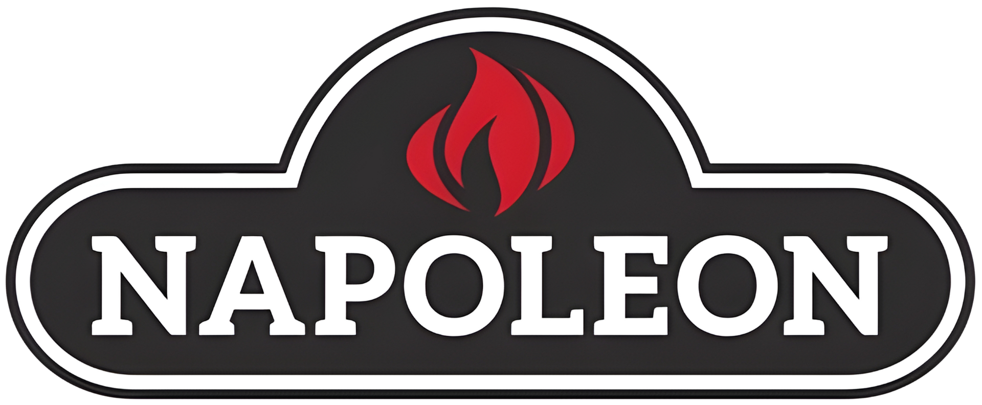 Napoleon logo with stylized flame in red. White text on a black background.