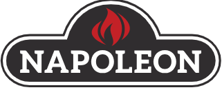 Napoleon logo with a red flame on a black background.