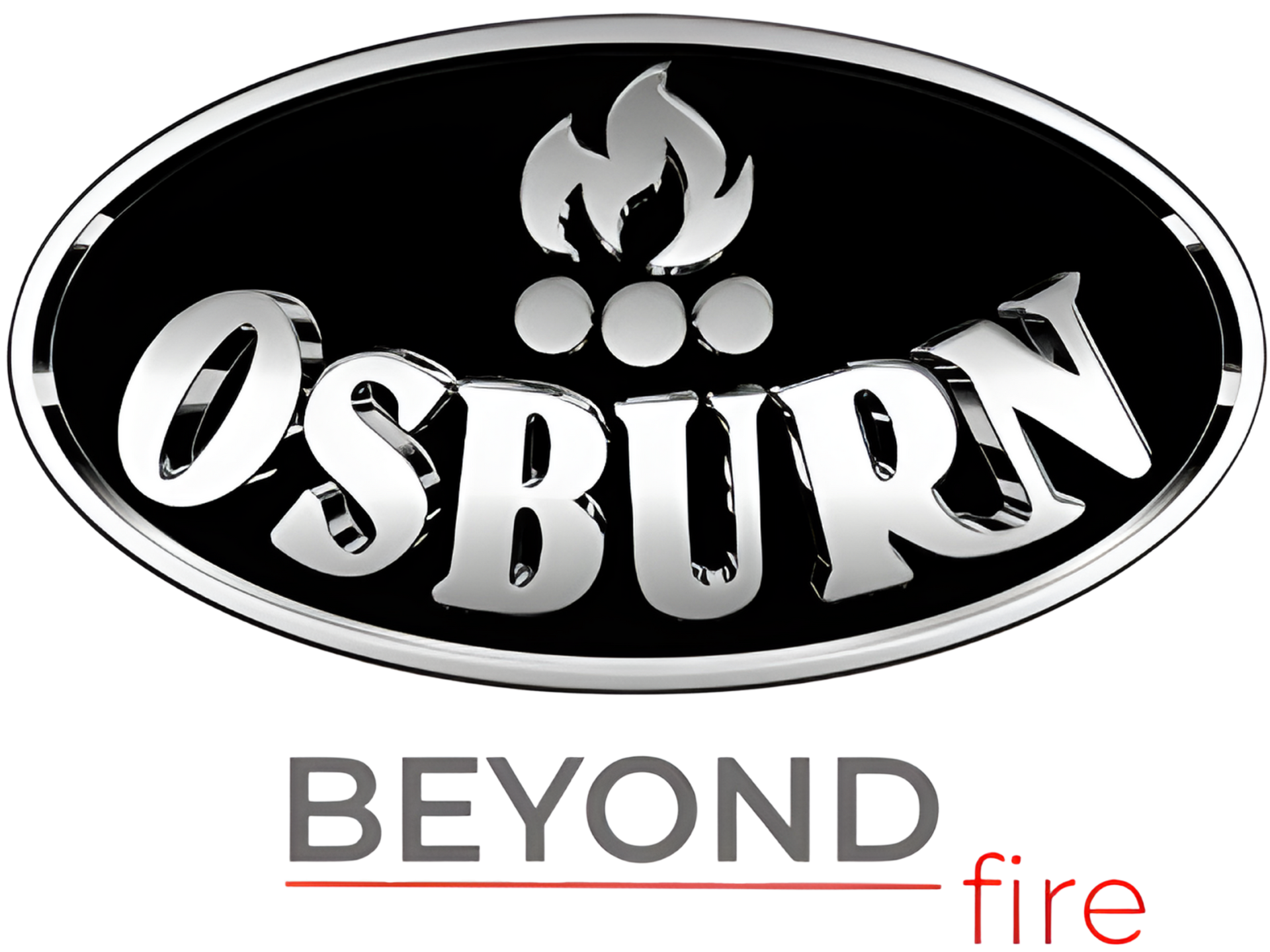 Osburn logo: silver text "Osburn" inside black oval, flame icon, "Beyond fire" below.