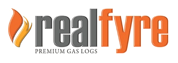 Logo for Realfyre: Flame graphic with the words "realfyre" in gray and orange, and "premium gas logs."