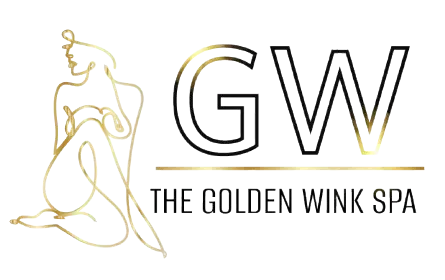Gold and black GW logo with stylized figure and the text “THE GOLDEN WINK SPA”