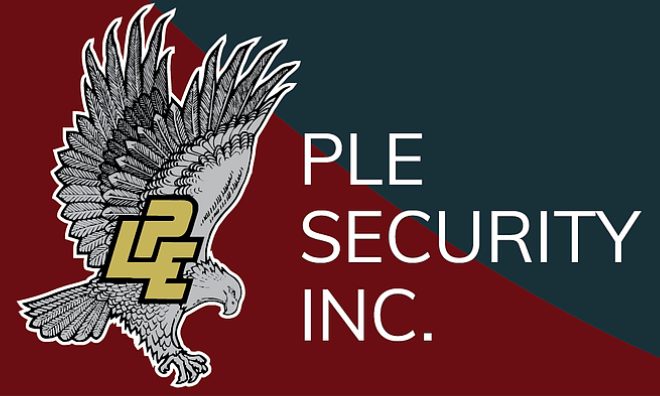 The logo for ple security shows an eagle with its wings spread.