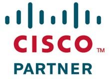 Logotipo de Cisco Partner: barras azules sobre el texto rojo