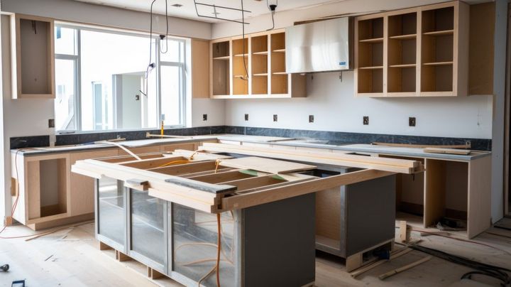 Kitchen under construction with unfinished cabinets, countertops, and island.