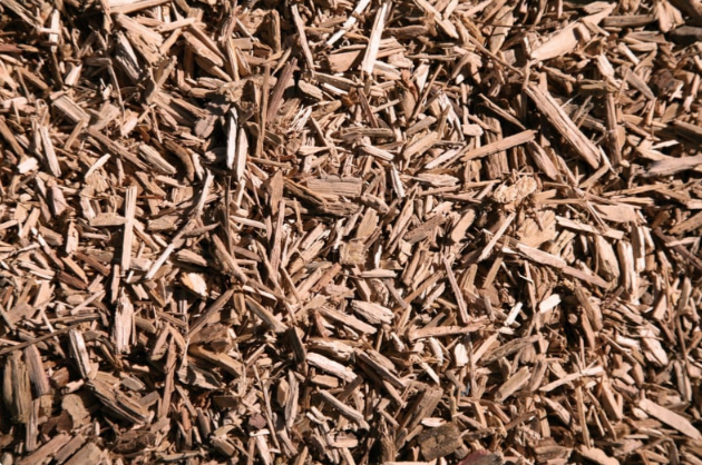 A pile of wood chips is sitting on the ground.
