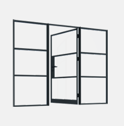 Zwarte glazen deuren met metalen frame, waarvan er één open is, in een witte muur.