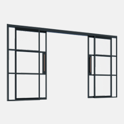 Zwarte schuifdeur van glas met rasterpatroon en bronzen handgrepen.