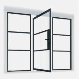 Zwarte metalen glazen deur en zijpanelen, open. Drie glassecties in elk paneel.