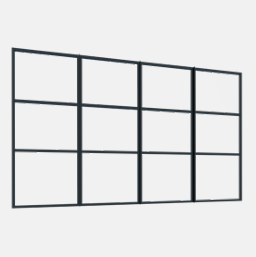 Zwart raam met 12 ruiten, tegen een effen witte achtergrond.