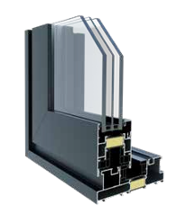 Doorsnede van een raam met driedubbel glas en een zwart kozijn, waarin de constructie ervan te zien is.