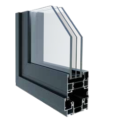 Dwarsdoorsnede van een donkergrijs aluminium raam met driedubbel glas.