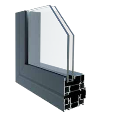 Dwarsdoorsnede van een donkergrijs aluminium raamkozijn met dubbel glas, met zichtbare constructiedetails.