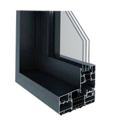 Zwart aluminium raamkozijn met driedubbel glas, waarop de interne constructiedetails zichtbaar zijn.