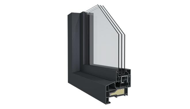 Dwarsdoorsnede van een raam met driedubbel glas, met glaspanelen, isolatie en een donker metalen kozijn.