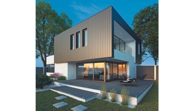 Modern huis met twee verdiepingen, een gevel in houtlook, grote ramen en een terras, gelegen in een tuin met bomen en lucht.