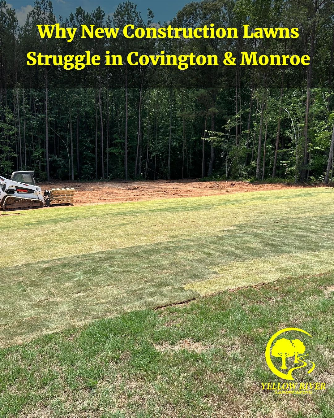 A construction site with freshly laid sod in the foreground and a yellow logo in the corner under bold text.