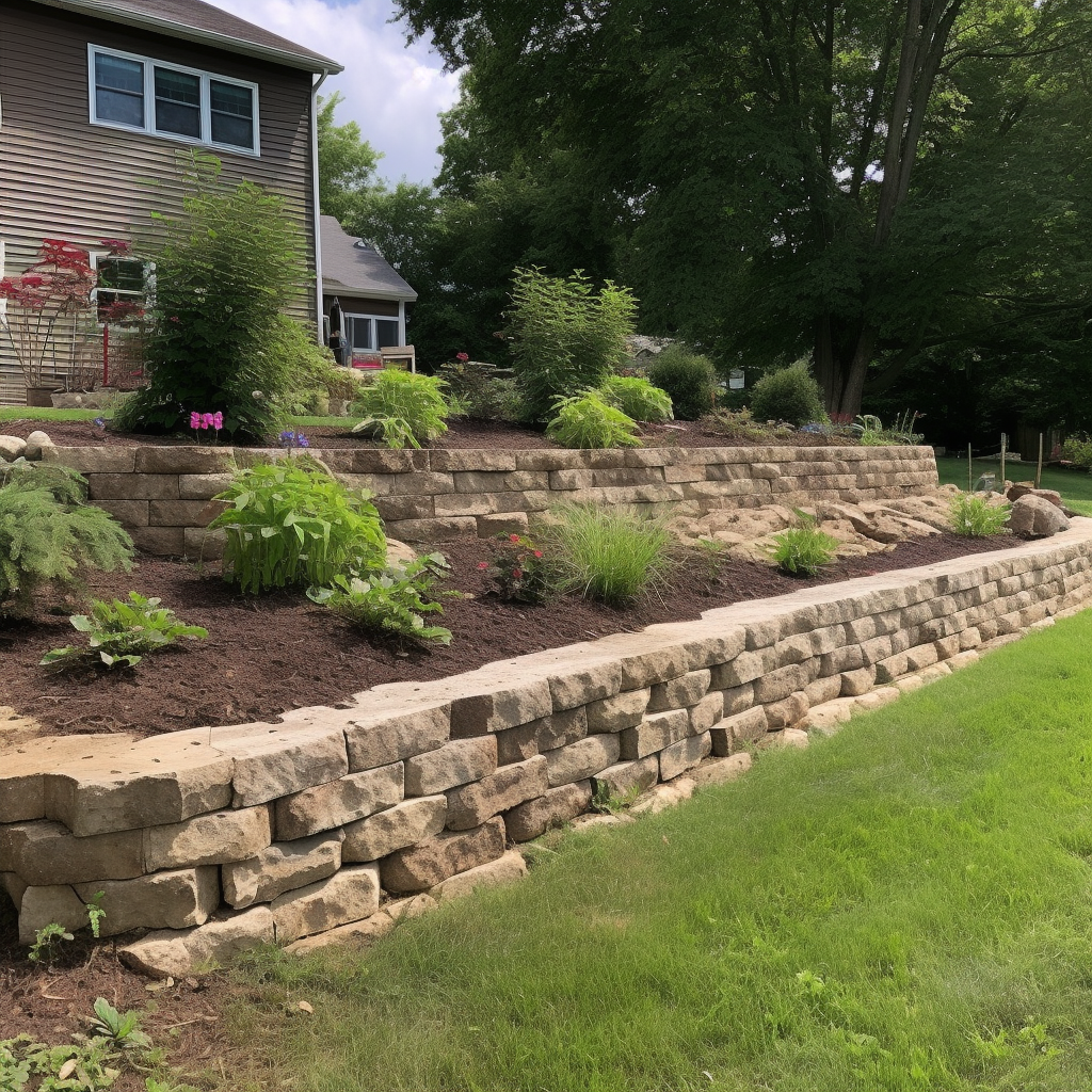 A large stone wall surrounds a lush green lawn in front of a house.