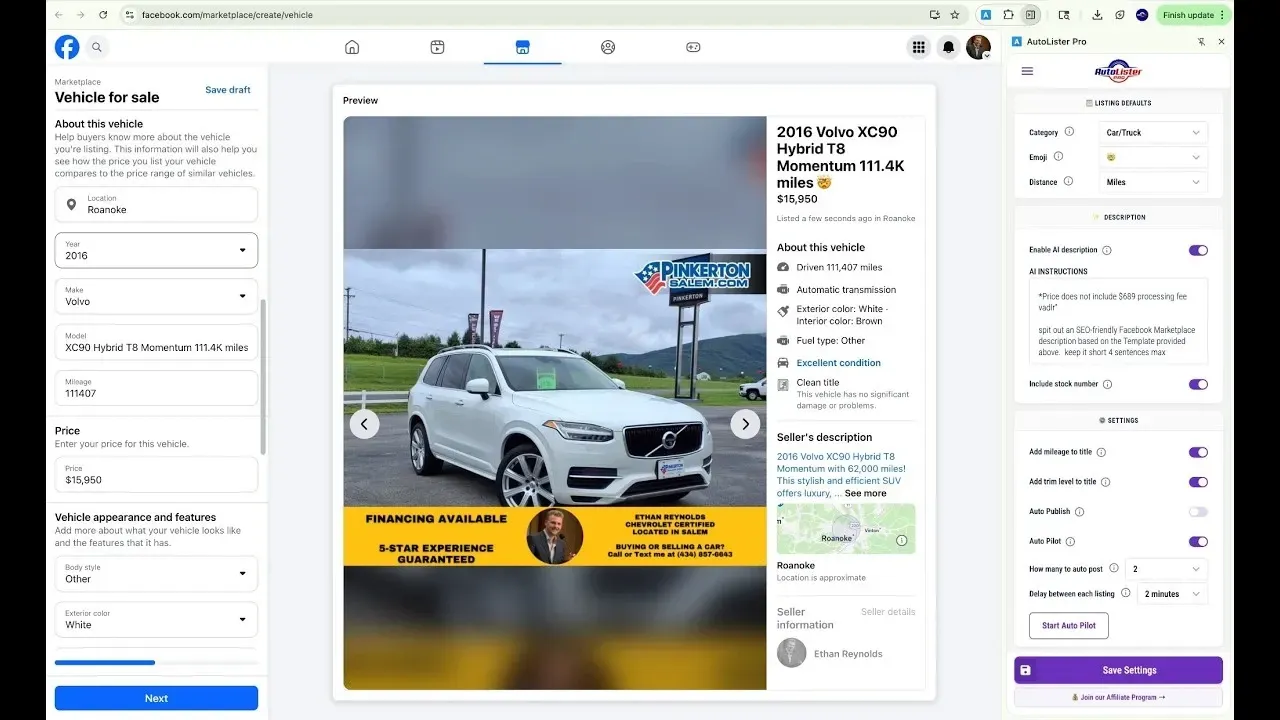 Vehicle listing preview