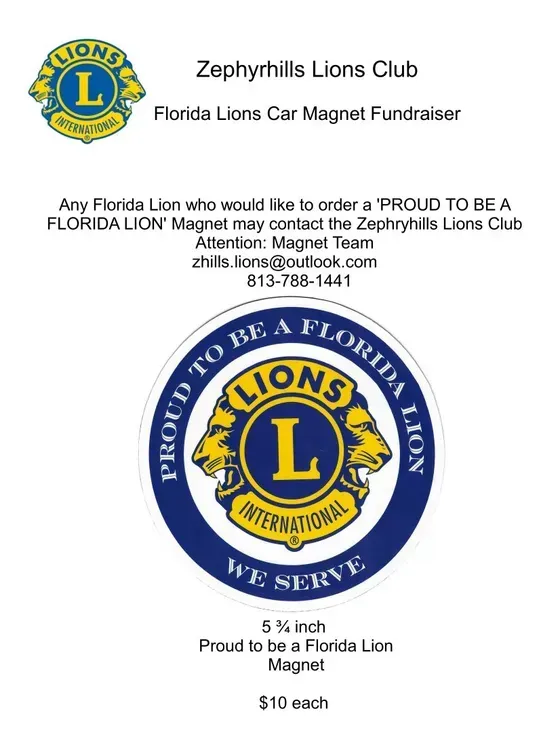 A flyer for the zephyrhills lions club florida lions car magnet fundraiser.