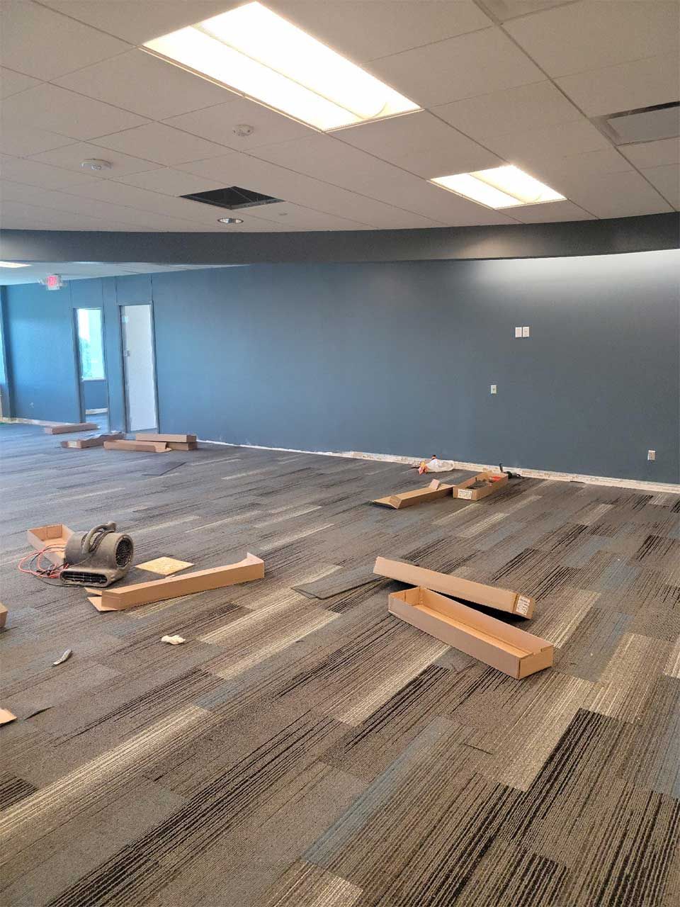 A large empty room with a carpeted floor and blue walls.
