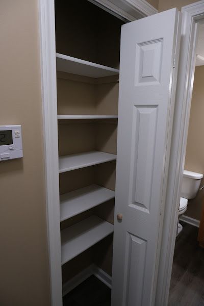 A closet with shelves and a door that is open