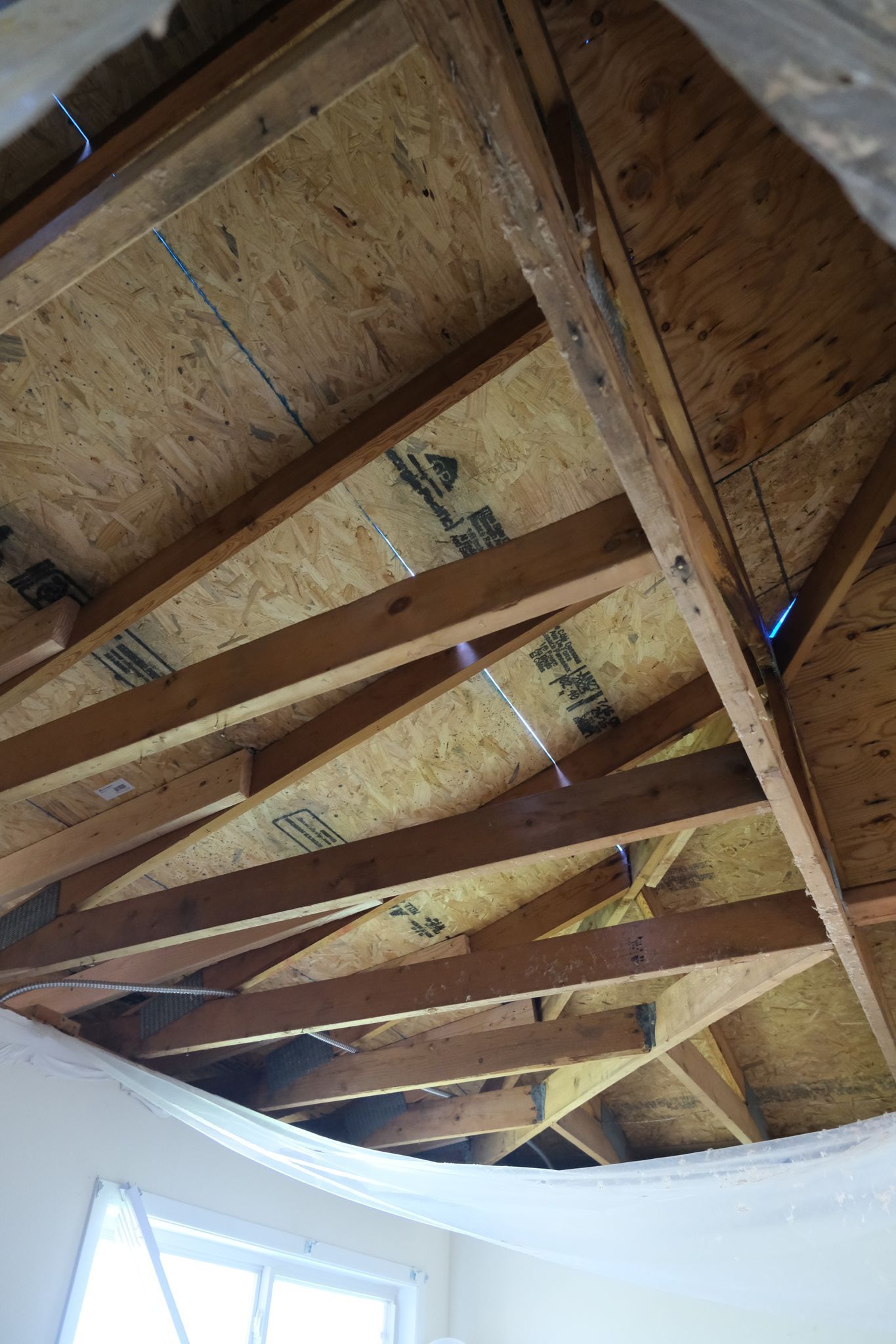Wooden rafters and plywood forming a sloped ceiling. White fabric drapes from below.