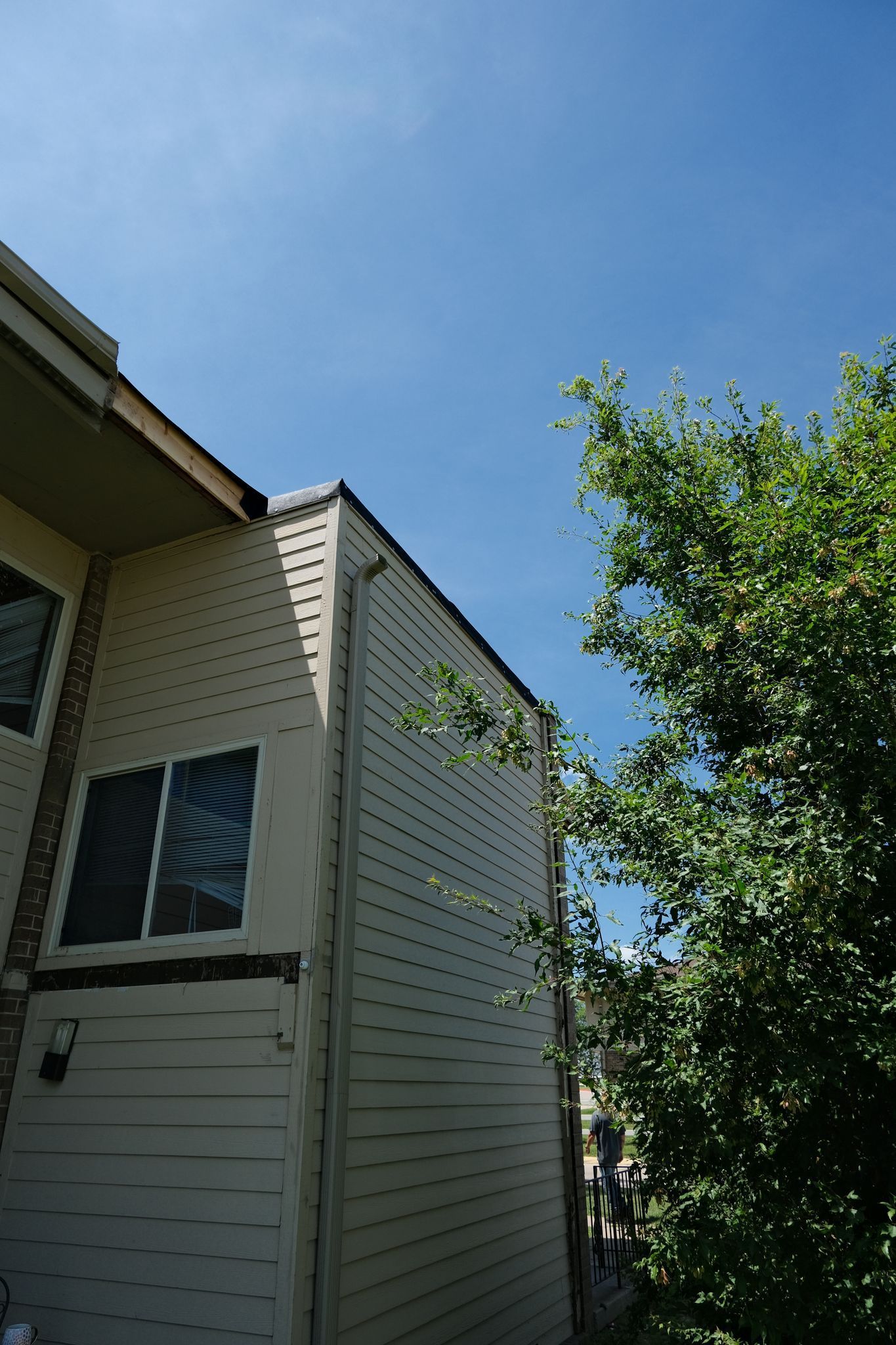 Tan siding on a two-story building with a blue sky and green tree in the background.