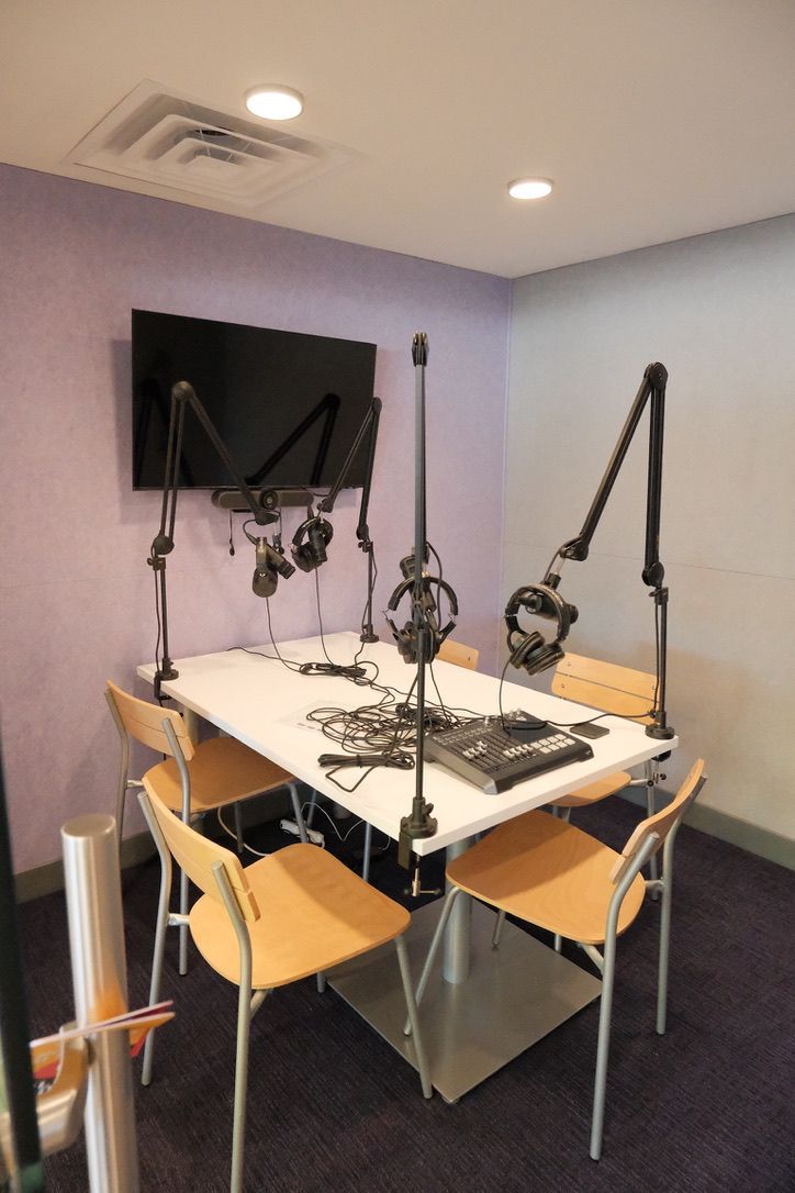A room with a table and chairs and microphones on it