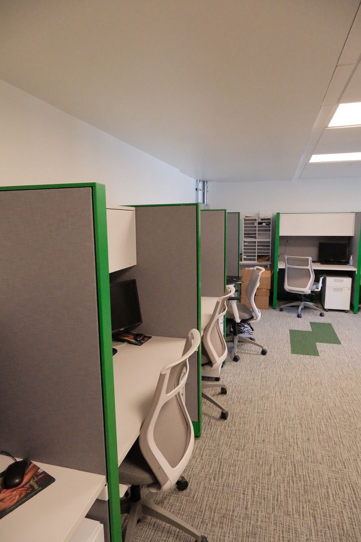 A row of cubicles in an office with green trim