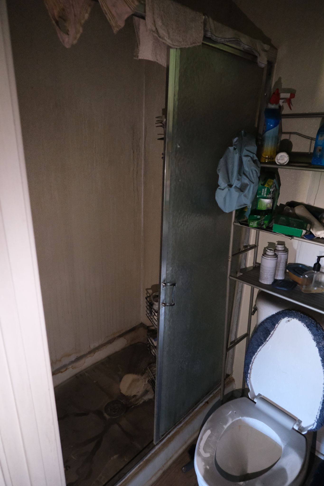 Small, dirty bathroom. Toilet, narrow shower stall, and shelving with cleaning supplies.